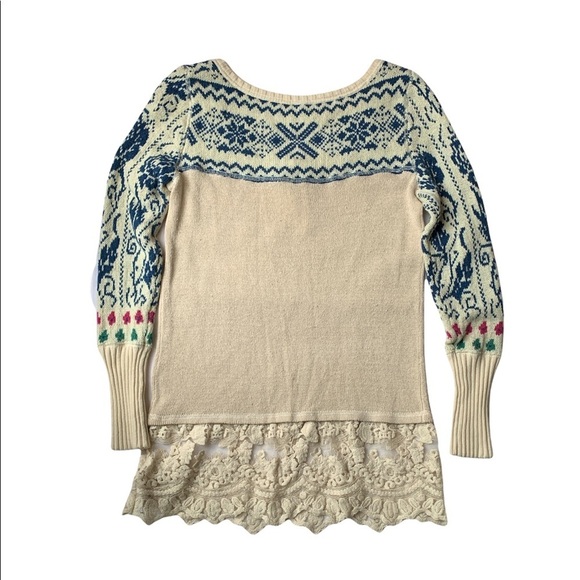 Free People Fair Isle Knit Lace Trim Tunic Sweater Top Ivory Blue XS - Picture 3 of 6